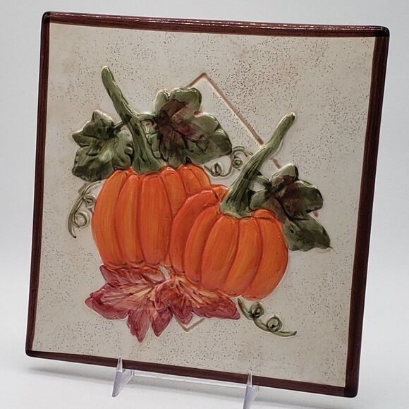 Fall Harvest 3D Orange Pumpkins Red Green Leaves Ceramic Tile Trivet Wall Decor - Picture 10 of 12